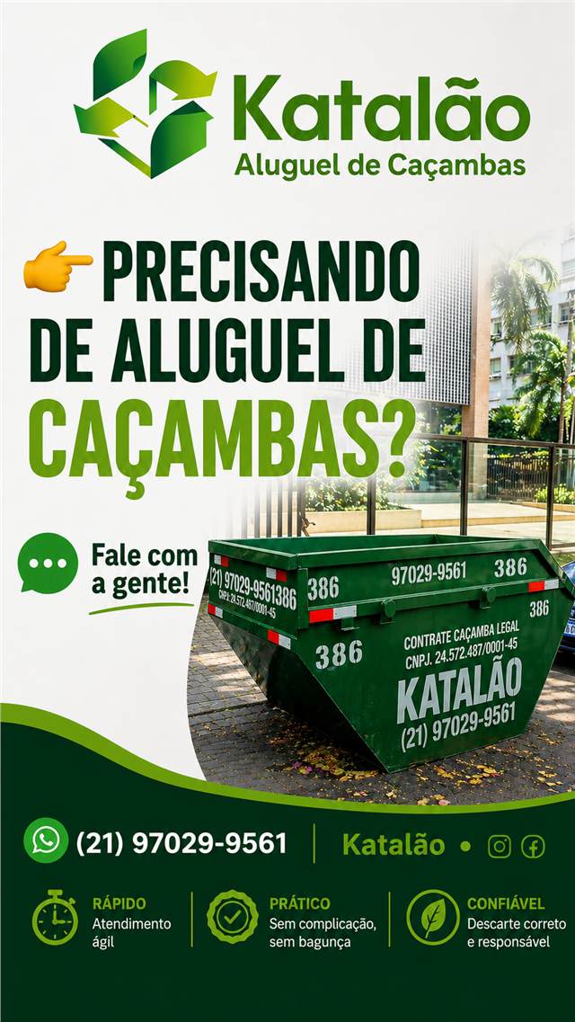 Precisando de aluguel de caçambas? Fale com a Katalão pelo WhatsApp. Atendimento rápido, prático e confiável.